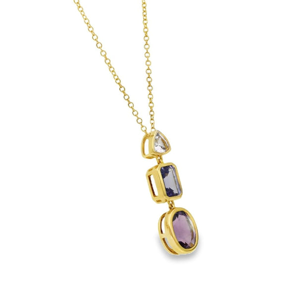 18ct Yellow Gold Amethyst & Tanzanite Pendant & Necklace - 18"