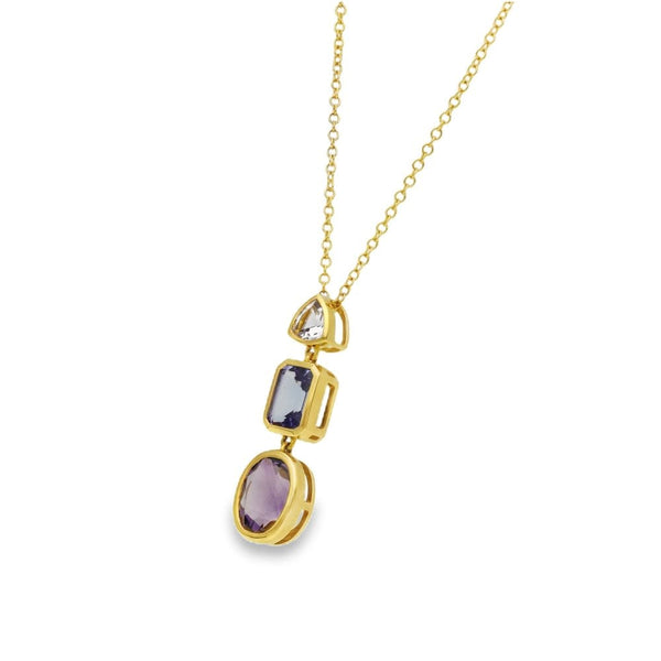 18ct Yellow Gold Amethyst & Tanzanite Pendant & Necklace - 18"