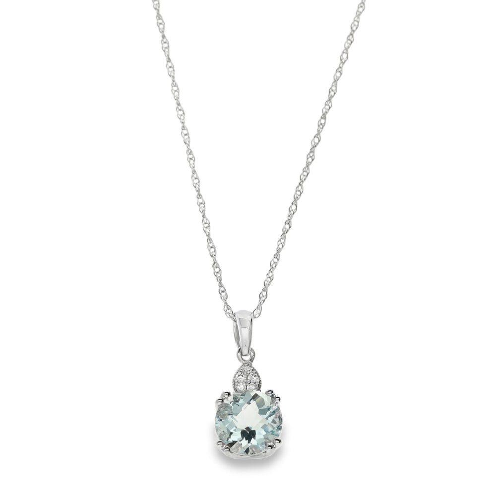 9ct White Gold Diamond & Aquamarine Pendant & Chain - 0.03ct