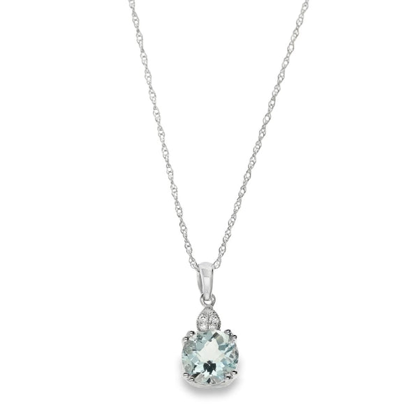 9ct White Gold Diamond & Aquamarine Pendant & Chain - 0.03ct