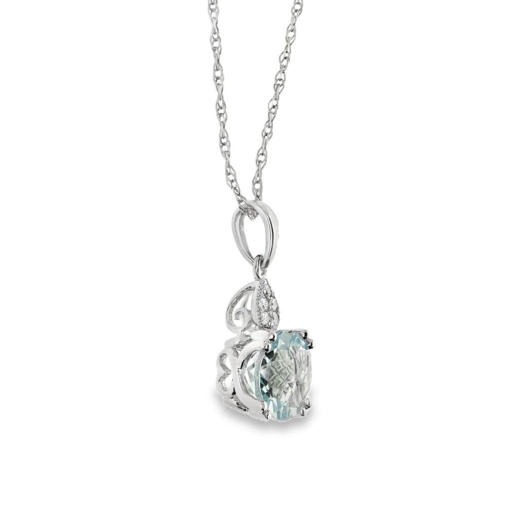 9ct White Gold Diamond & Aquamarine Pendant & Chain - 0.03ct