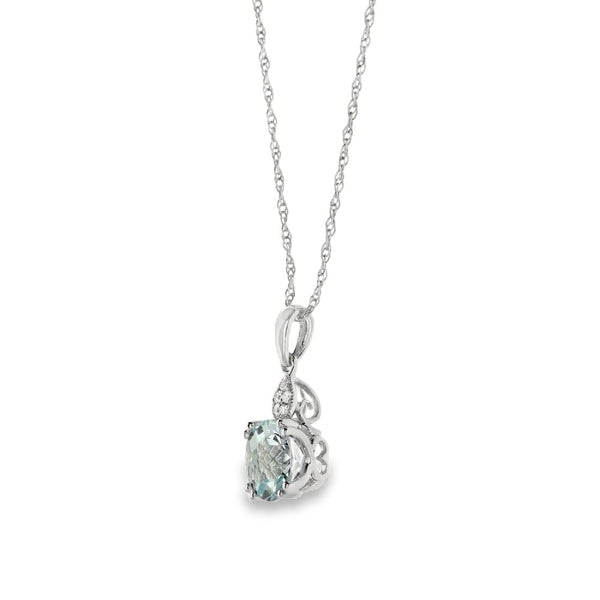 9ct White Gold Diamond & Aquamarine Pendant & Chain - 0.03ct