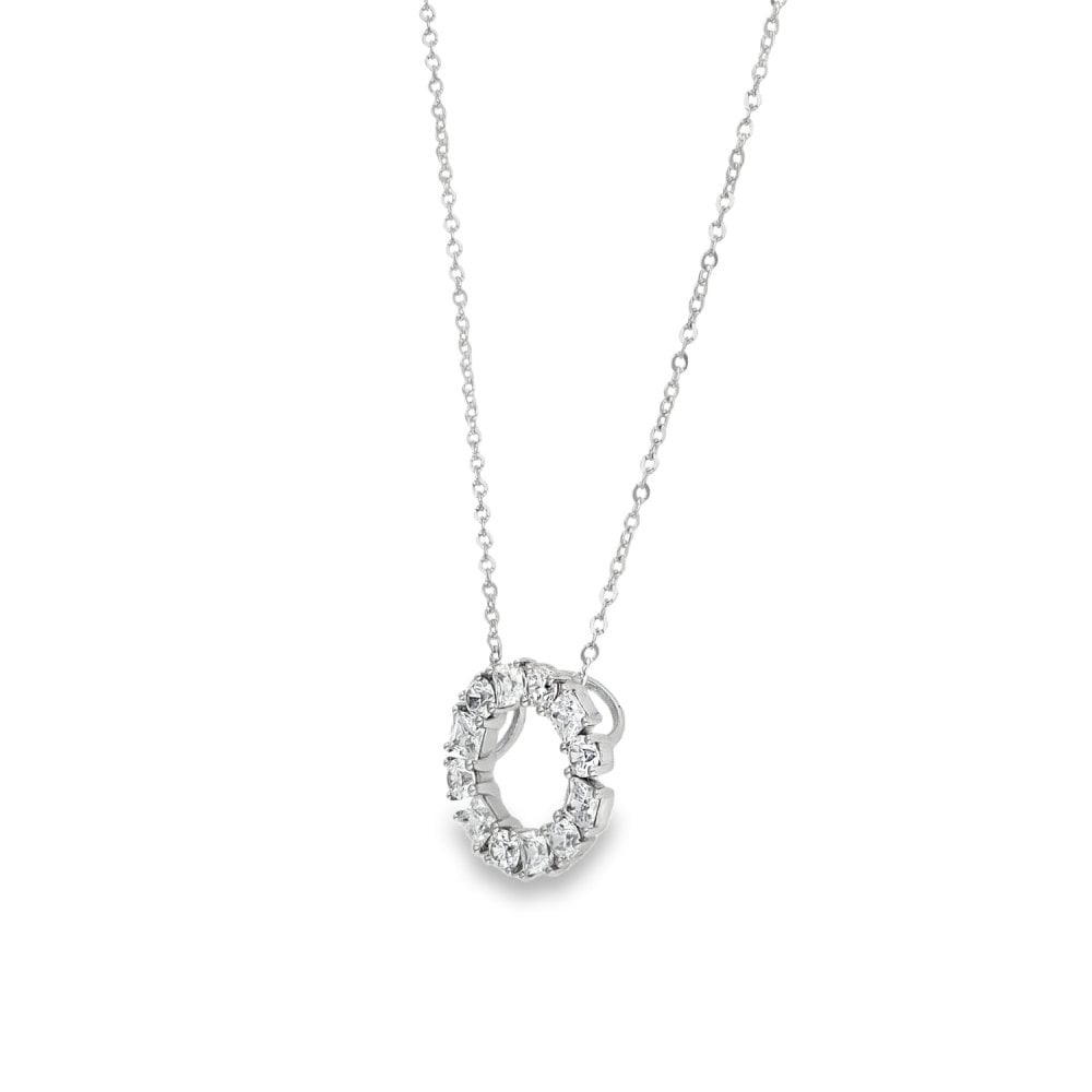9ct White Gold CZ Circle Pendant & Necklace - 16/18" - 1.7g