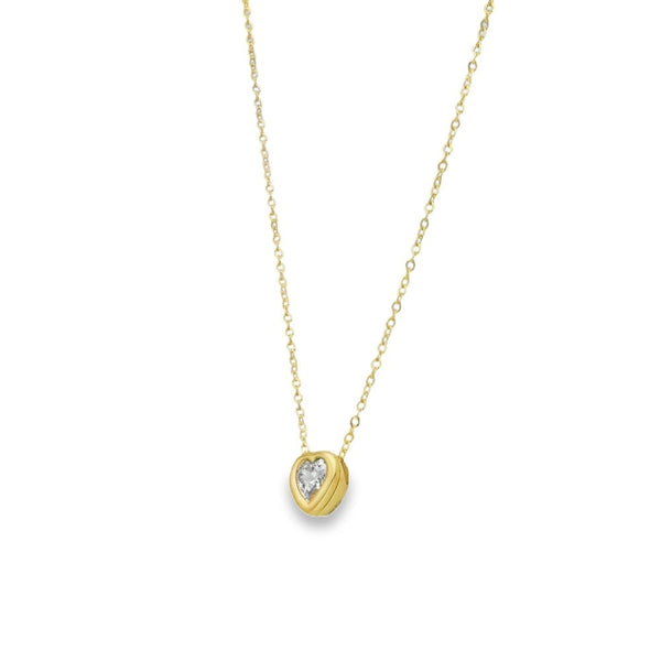 9ct Yellow Gold CZ Heart Pendant & Necklace - 16/18" - 1.2g