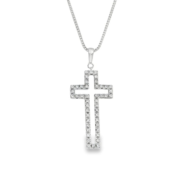 9ct White Gold CZ Open Cross Pendant & Necklace - 20" - 10.0g