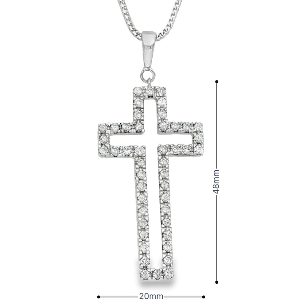 9ct White Gold CZ Open Cross Pendant & Necklace - 20" - 10.0g