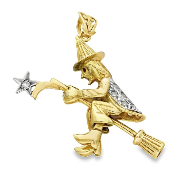 Ladies 9ct Yellow Gold Cubic Zirconia & Pink Stone Witch Pendant