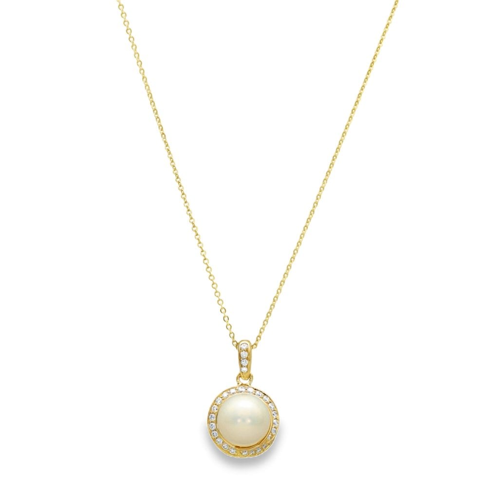 9ct Yellow Gold Diamond & Pearl Pendant & Chain - 18" - 2.7g