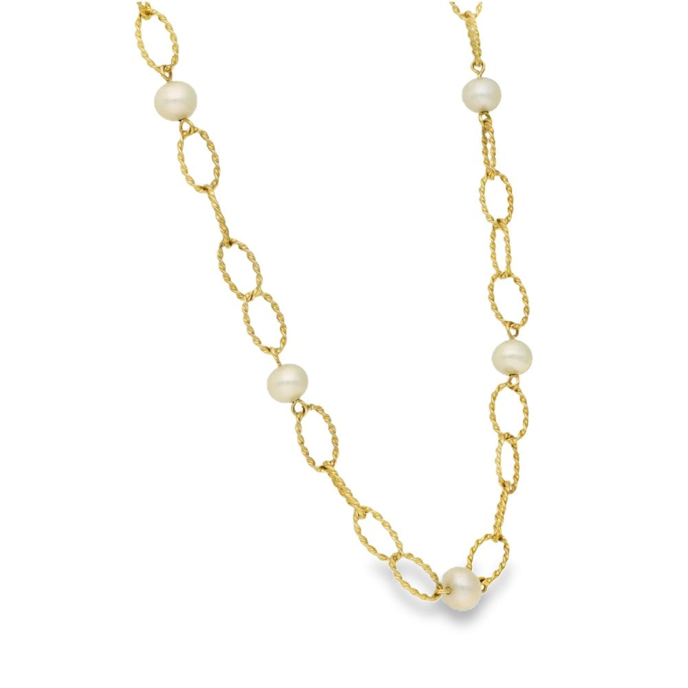 9ct Yellow Gold Oval Link Pearl Necklace - 24" - 8.3g