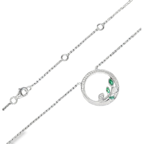 9ct White Gold Emerald & Diamond Leaf Pendant & Necklace - 17"