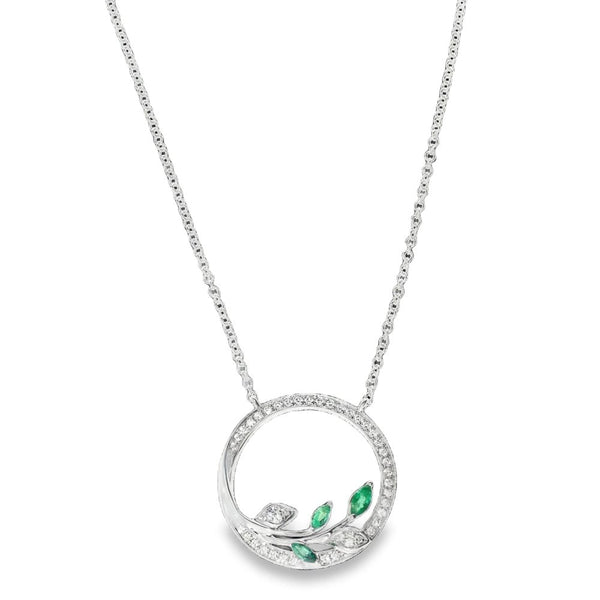 9ct White Gold Emerald & Diamond Leaf Pendant & Necklace - 17"