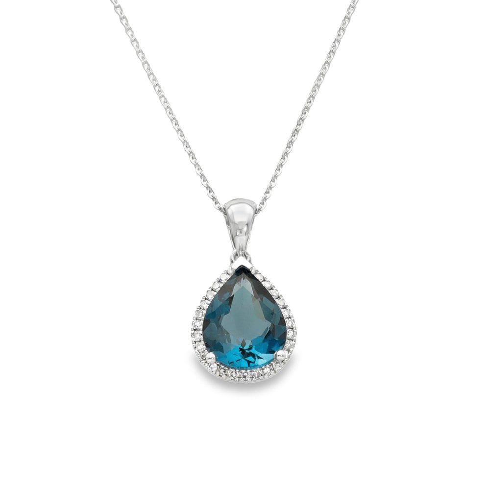 9ct White Gold Blue Topaz & Diamond Pendant & Necklace - 16/18"