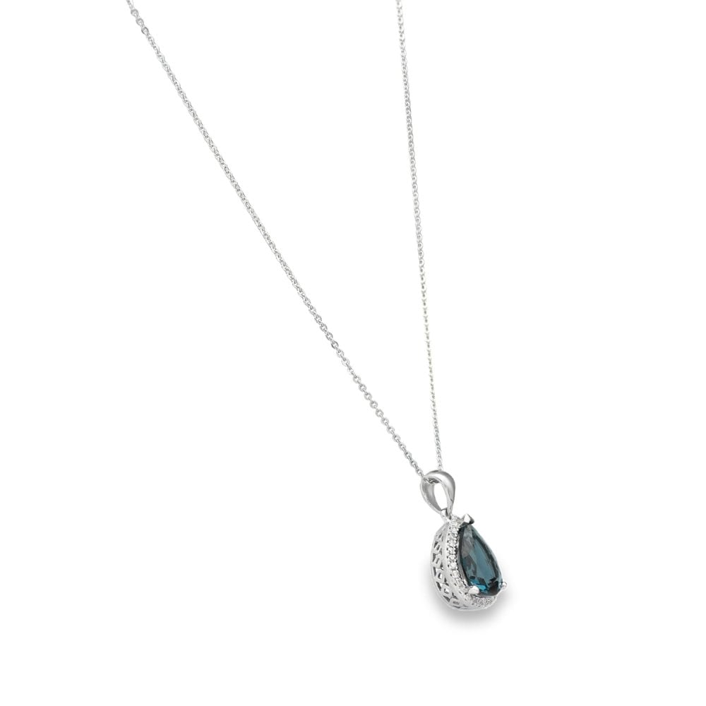 9ct White Gold Blue Topaz & Diamond Pendant & Necklace - 16/18"
