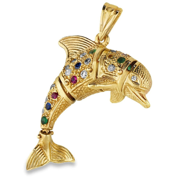 Ladies 9ct Yellow Gold Coloured Stones Dolphin Pendant