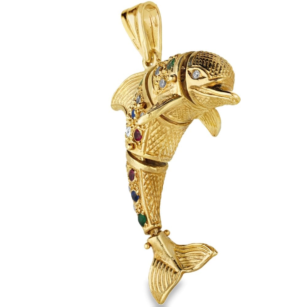 Ladies 9ct Yellow Gold Coloured Stones Dolphin Pendant