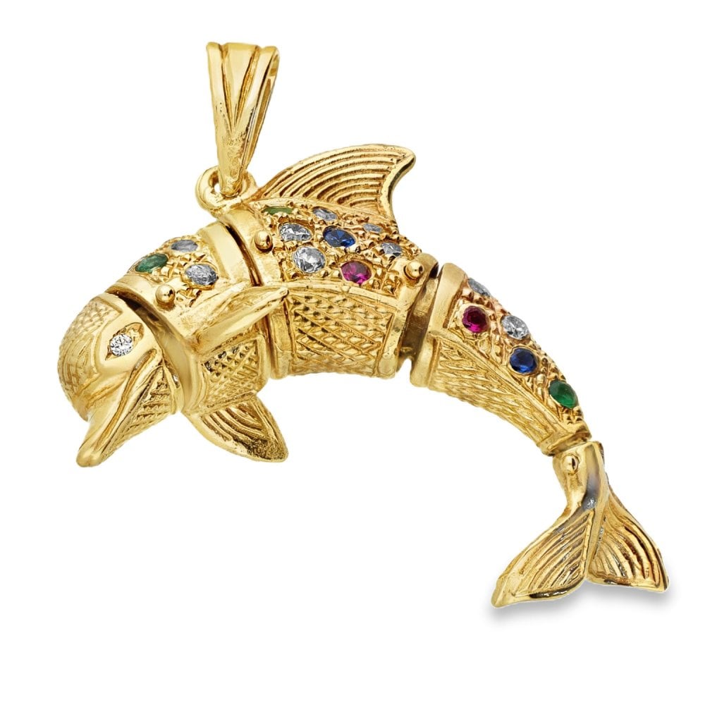 Ladies 9ct Yellow Gold Coloured Stones Dolphin Pendant