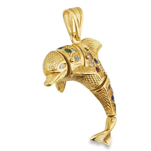Ladies 9ct Yellow Gold Coloured Stones Dolphin Pendant