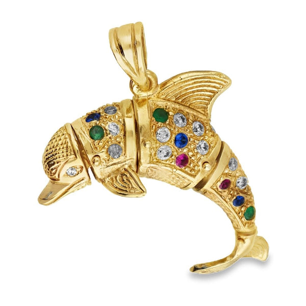 Ladies 9ct Yellow Gold Coloured Stones Dolphin Pendant