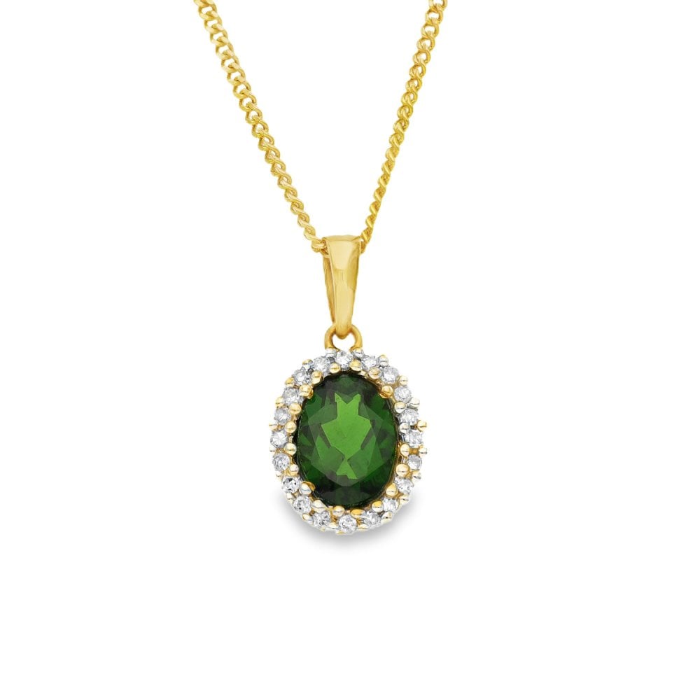 9ct Yellow Gold Diamond & Tourmaline Pendant & Chain - 18"