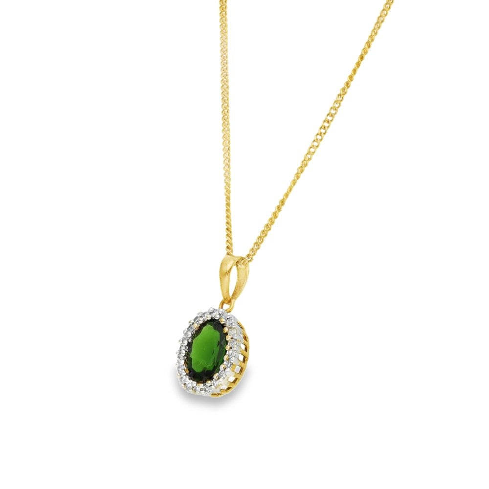 9ct Yellow Gold Diamond & Tourmaline Pendant & Chain - 18"