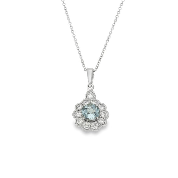18ct White Gold Diamond & Aquamarine Pendant & Chain - 18"