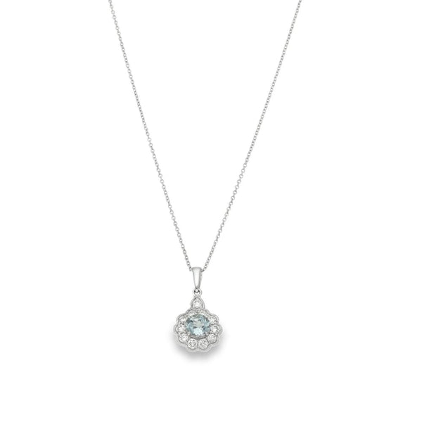 18ct White Gold Diamond & Aquamarine Pendant & Chain - 18"