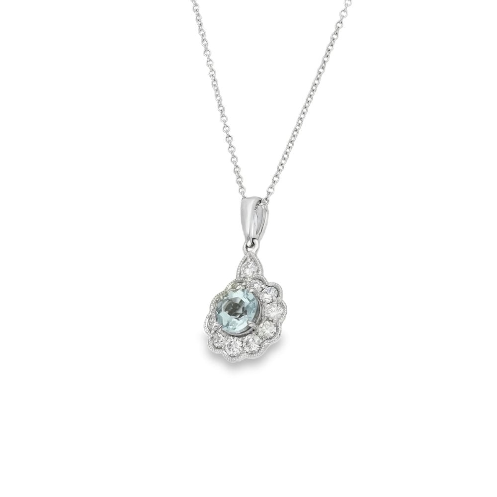 18ct White Gold Diamond & Aquamarine Pendant & Chain - 18"