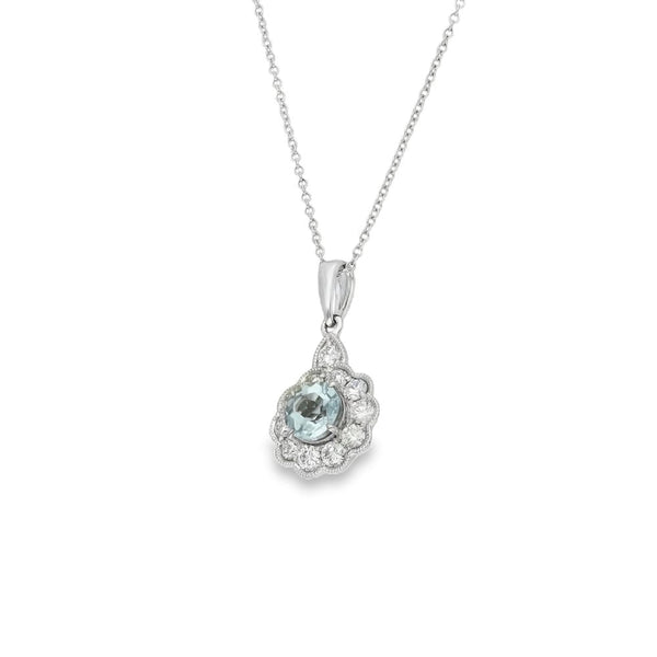 18ct White Gold Diamond & Aquamarine Pendant & Chain - 18"