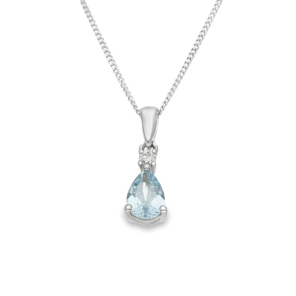9ct White Gold Aquamarine & Diamond Pendant & Necklace - 18"