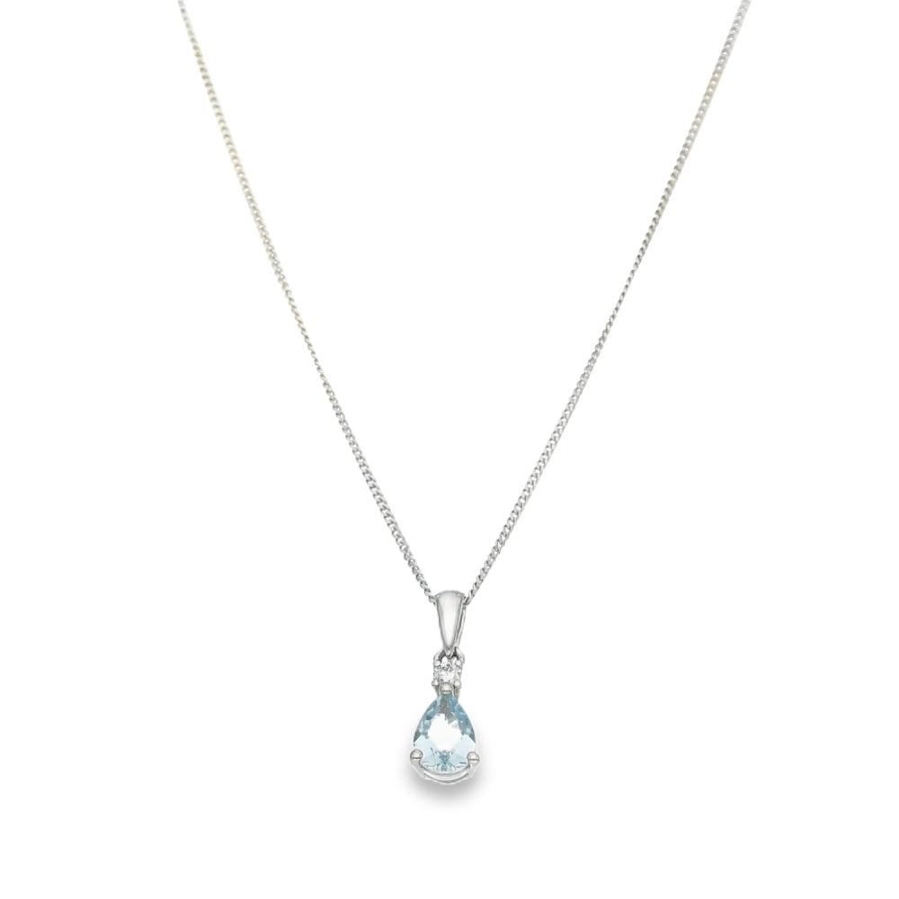 9ct White Gold Aquamarine & Diamond Pendant & Necklace - 18"