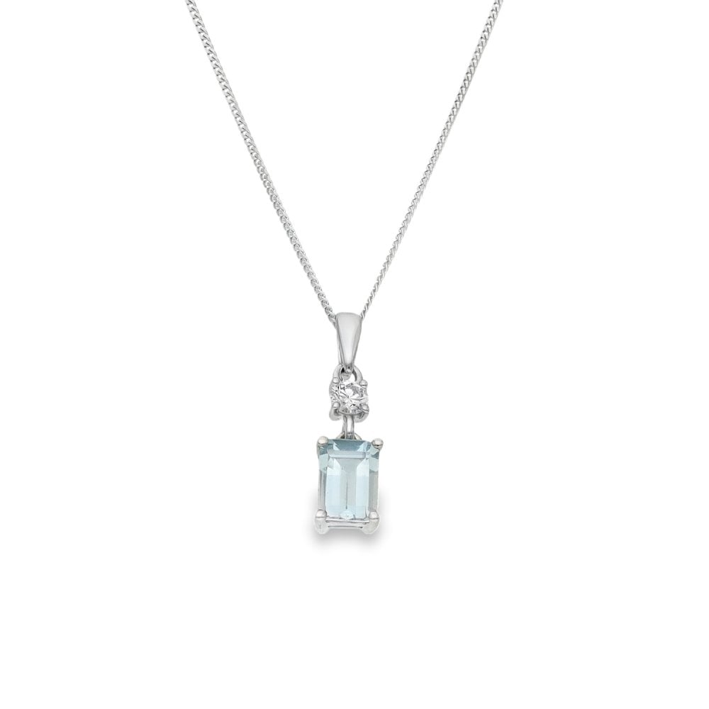 9ct White Gold Aquamarine & Diamond Pendant & Necklace - 18"