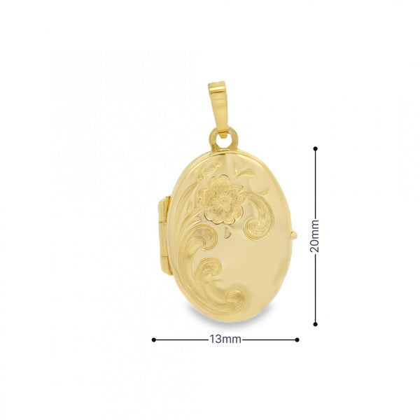 9ct Yellow Gold Flower Engraved Locket - 13x20x4mm - 2.0g
