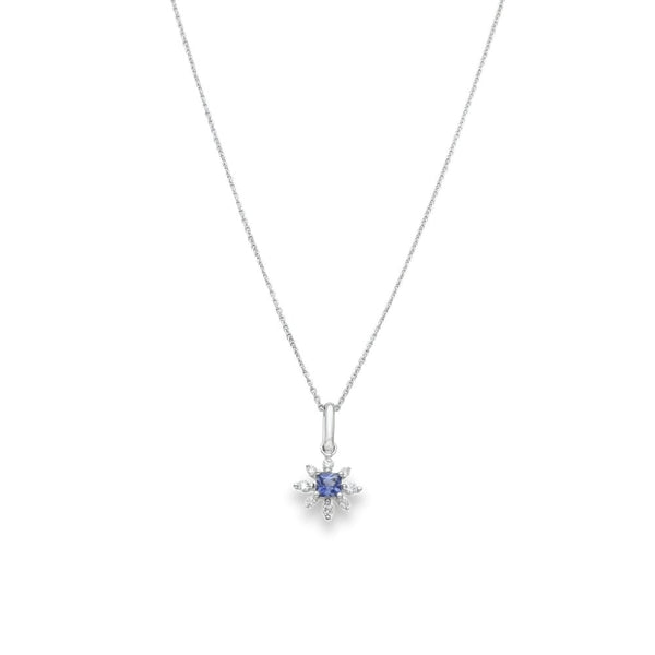 9ct White Gold Diamond & Sapphire Snowflake Pendant & Chain