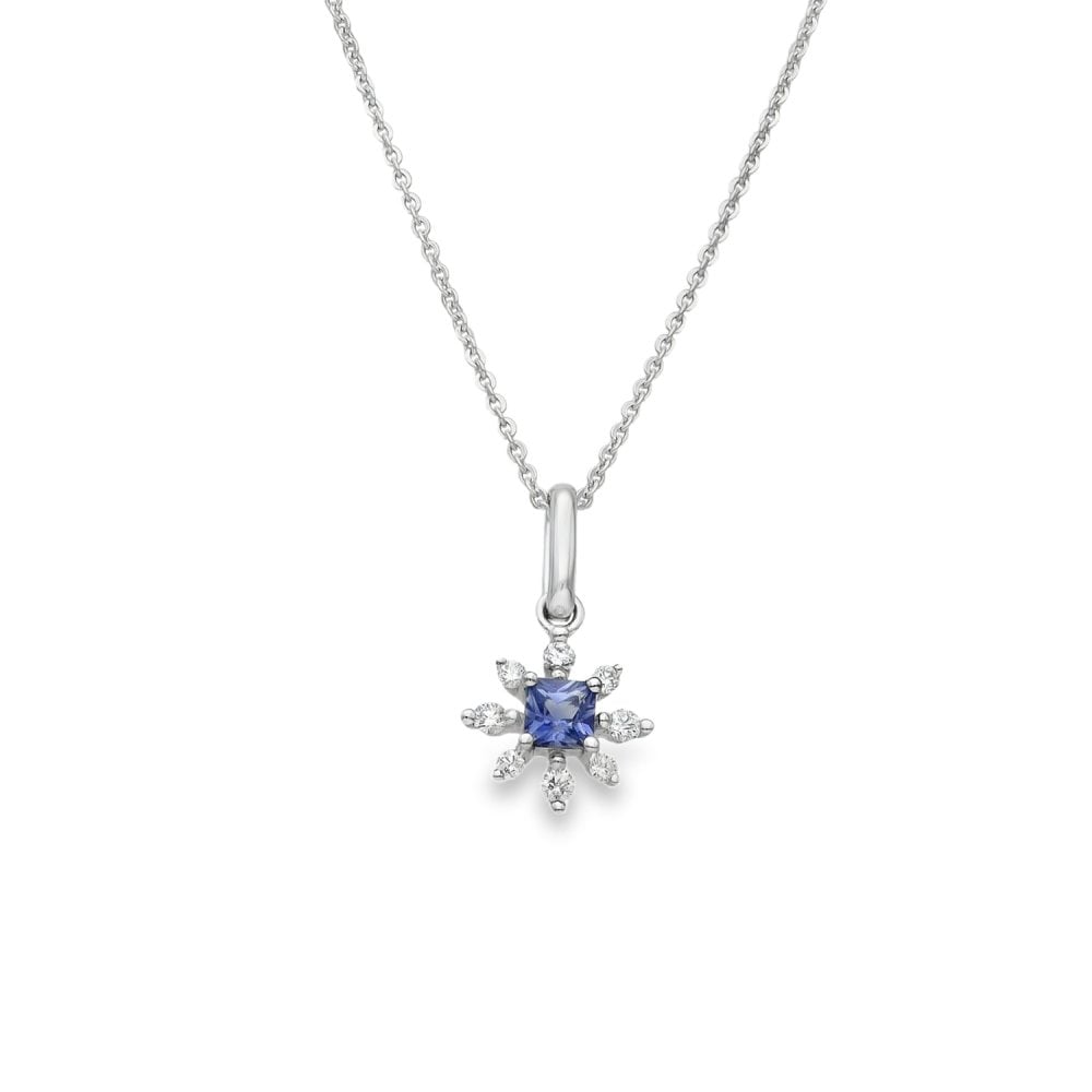 9ct White Gold Diamond & Sapphire Snowflake Pendant & Chain
