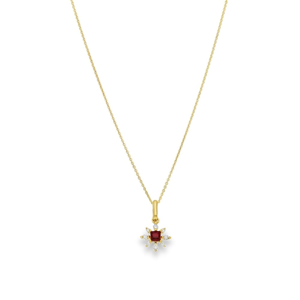 9ct Yellow Gold Diamond & Ruby Snowflake Pendant & Chain - 18"