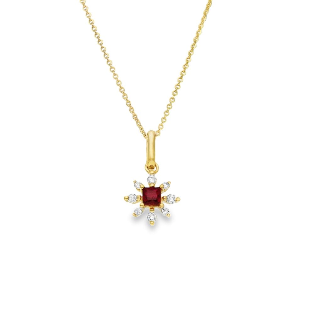 9ct Yellow Gold Diamond & Ruby Snowflake Pendant & Chain - 18"