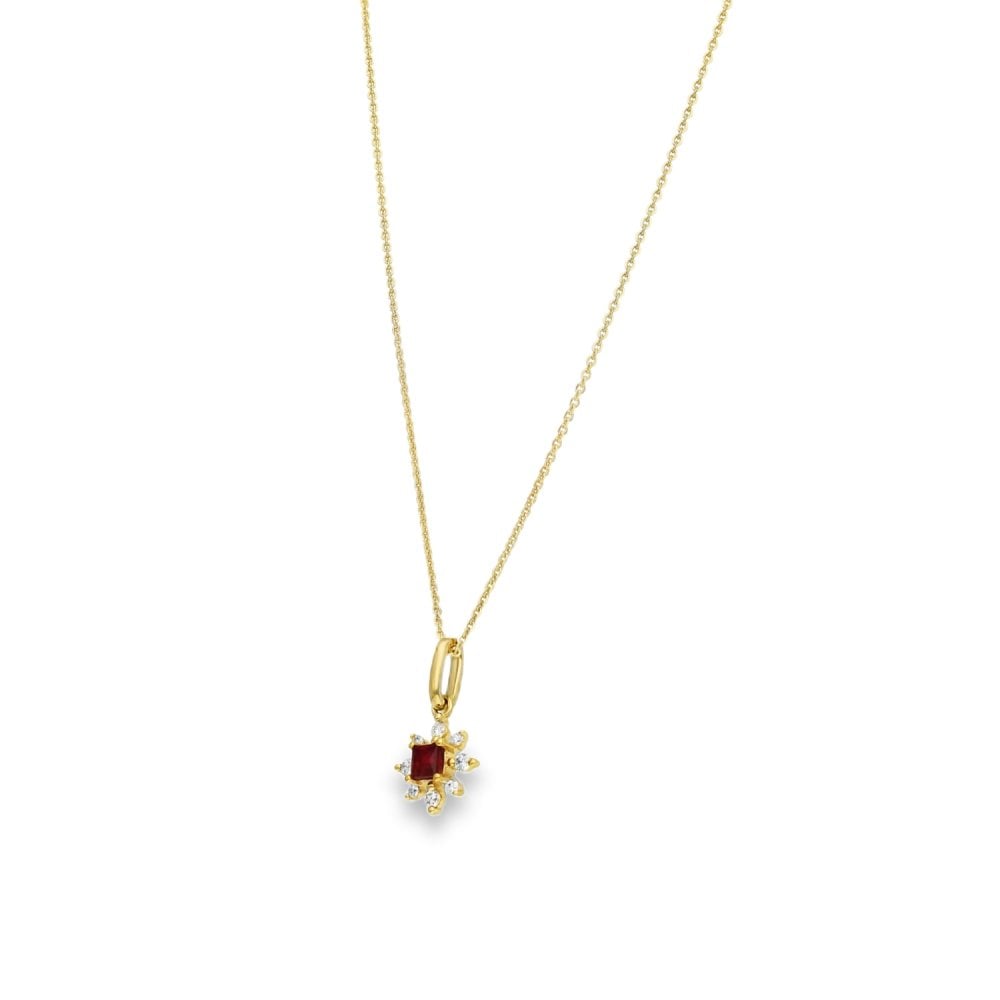 9ct Yellow Gold Diamond & Ruby Snowflake Pendant & Chain - 18"