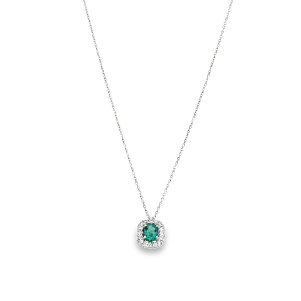 18ct White Gold Emerald & Diamond Pendant & Chain - 18" - 0.15ct