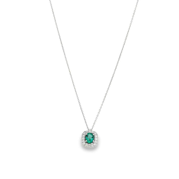 18ct White Gold Emerald & Diamond Pendant & Chain - 18" - 0.15ct