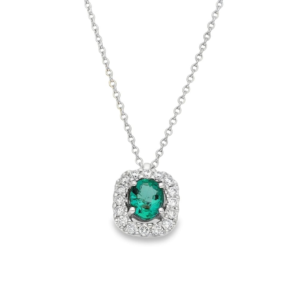 18ct White Gold Emerald & Diamond Pendant & Chain - 18" - 0.15ct