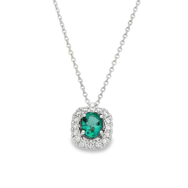 18ct White Gold Emerald & Diamond Pendant & Chain - 18" - 0.15ct