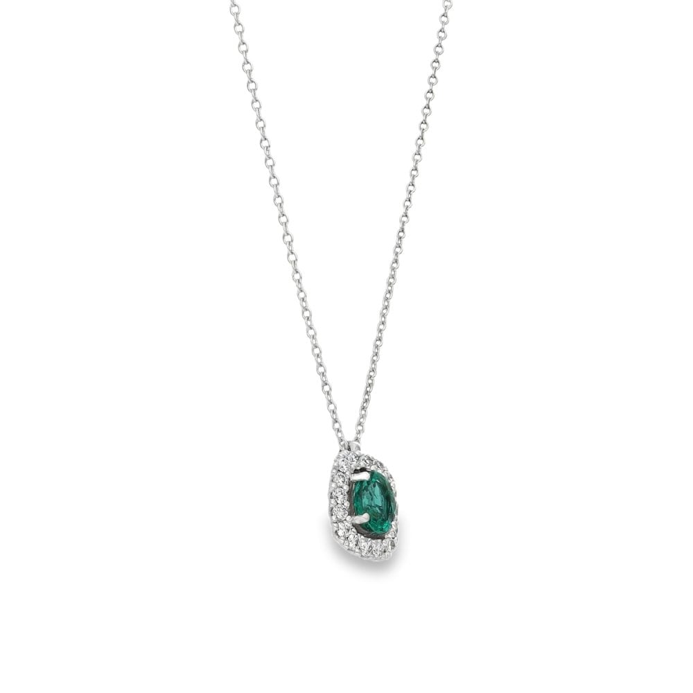 18ct White Gold Emerald & Diamond Pendant & Chain - 18" - 0.15ct