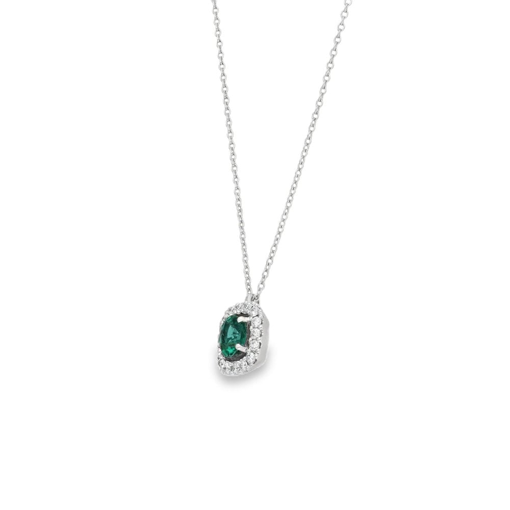 18ct White Gold Emerald & Diamond Pendant & Chain - 18" - 0.15ct