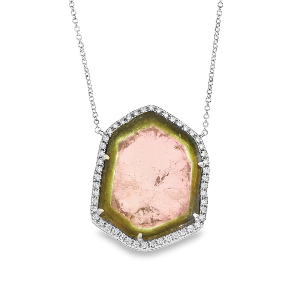 18ct White Gold Tourmaline & Diamond Pendant & Chain - 17"