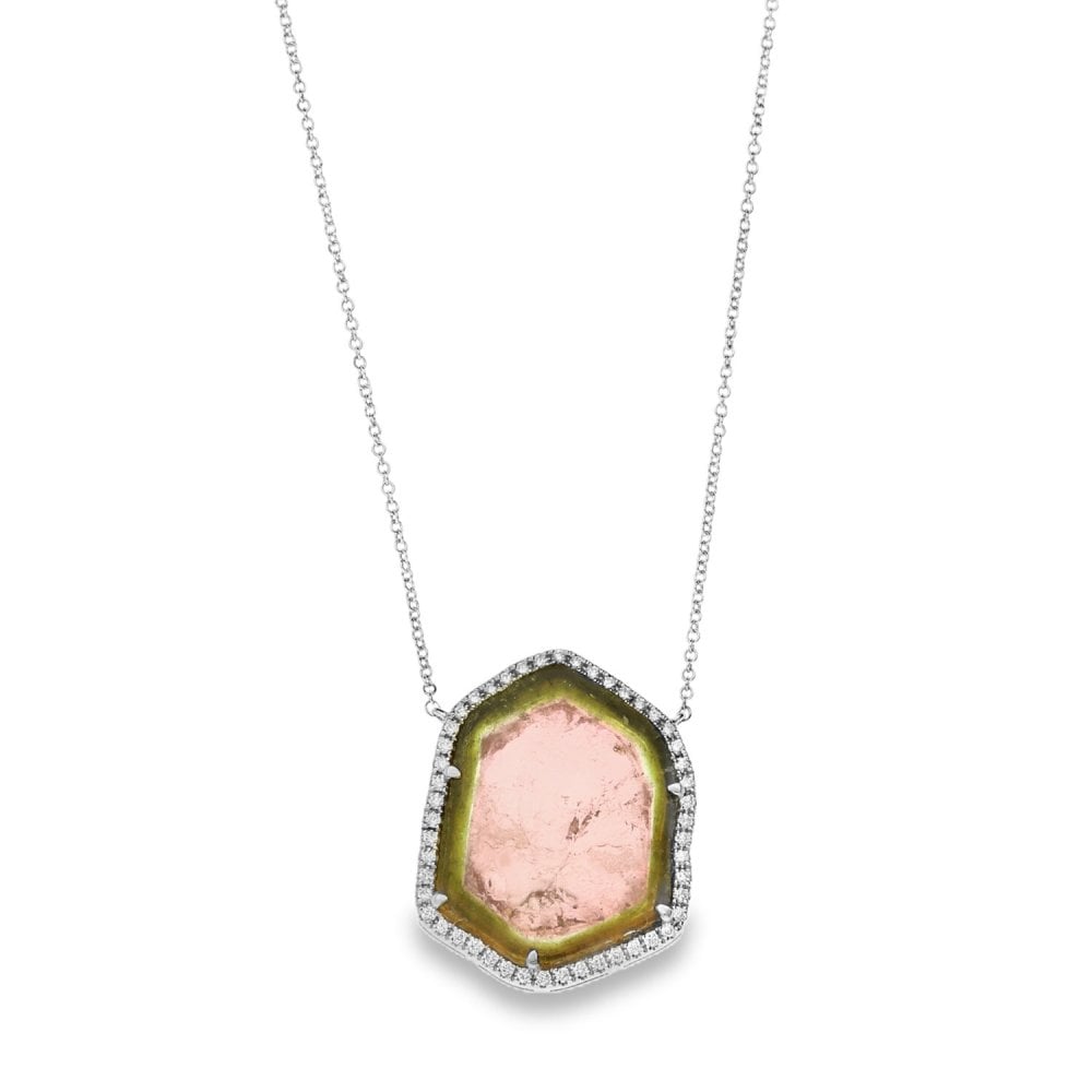 18ct White Gold Tourmaline & Diamond Pendant & Chain - 17"
