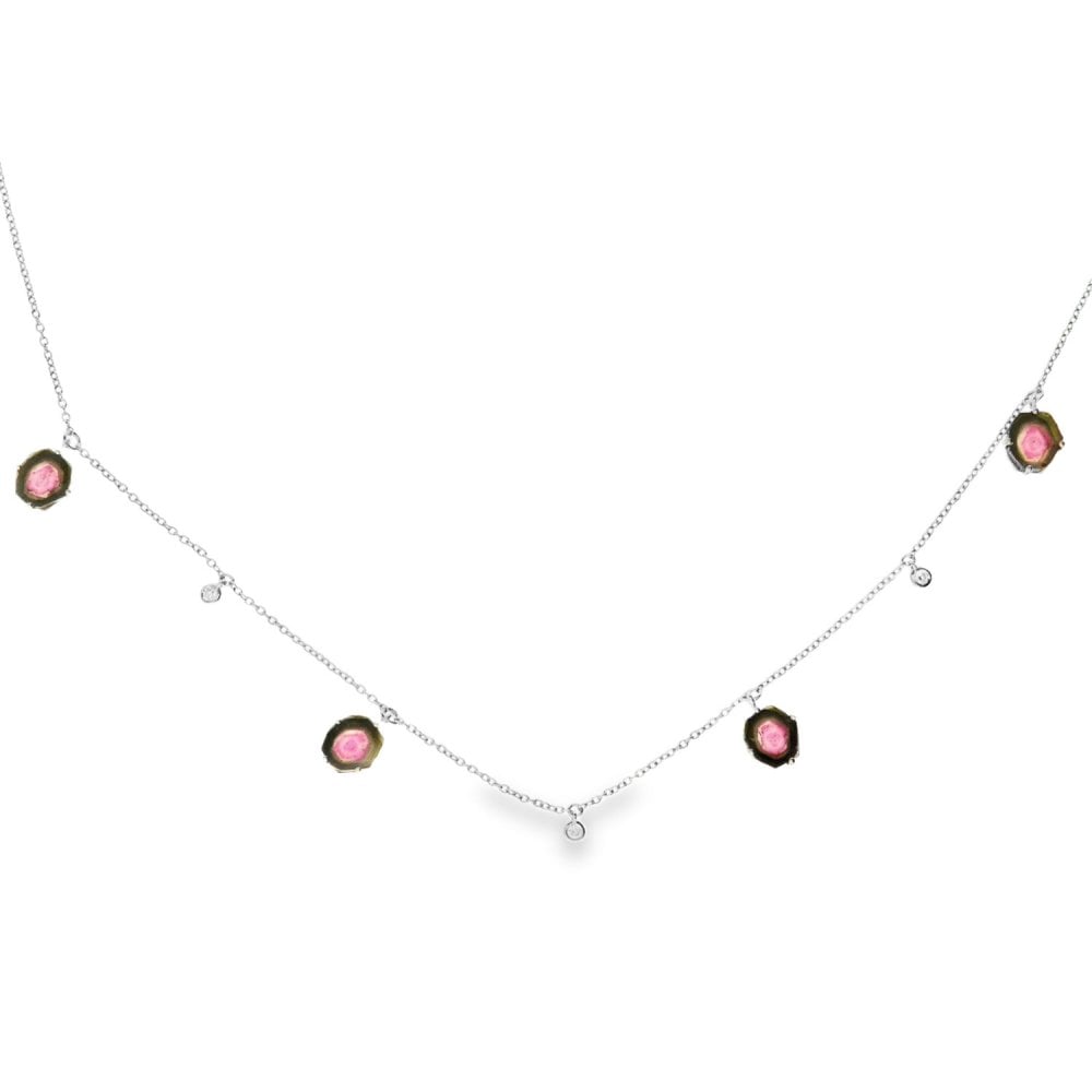 18ct White Gold Watermelon Tourmaline & Diamond Necklace - 17"