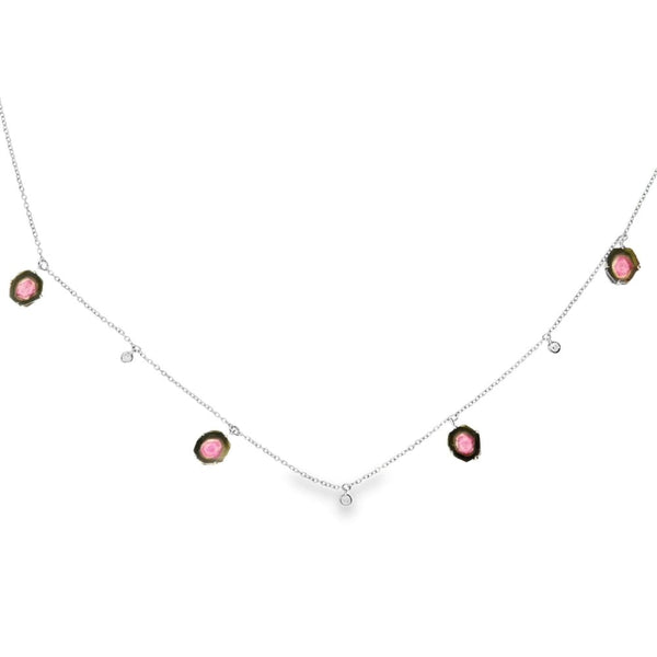 18ct White Gold Watermelon Tourmaline & Diamond Necklace - 17"