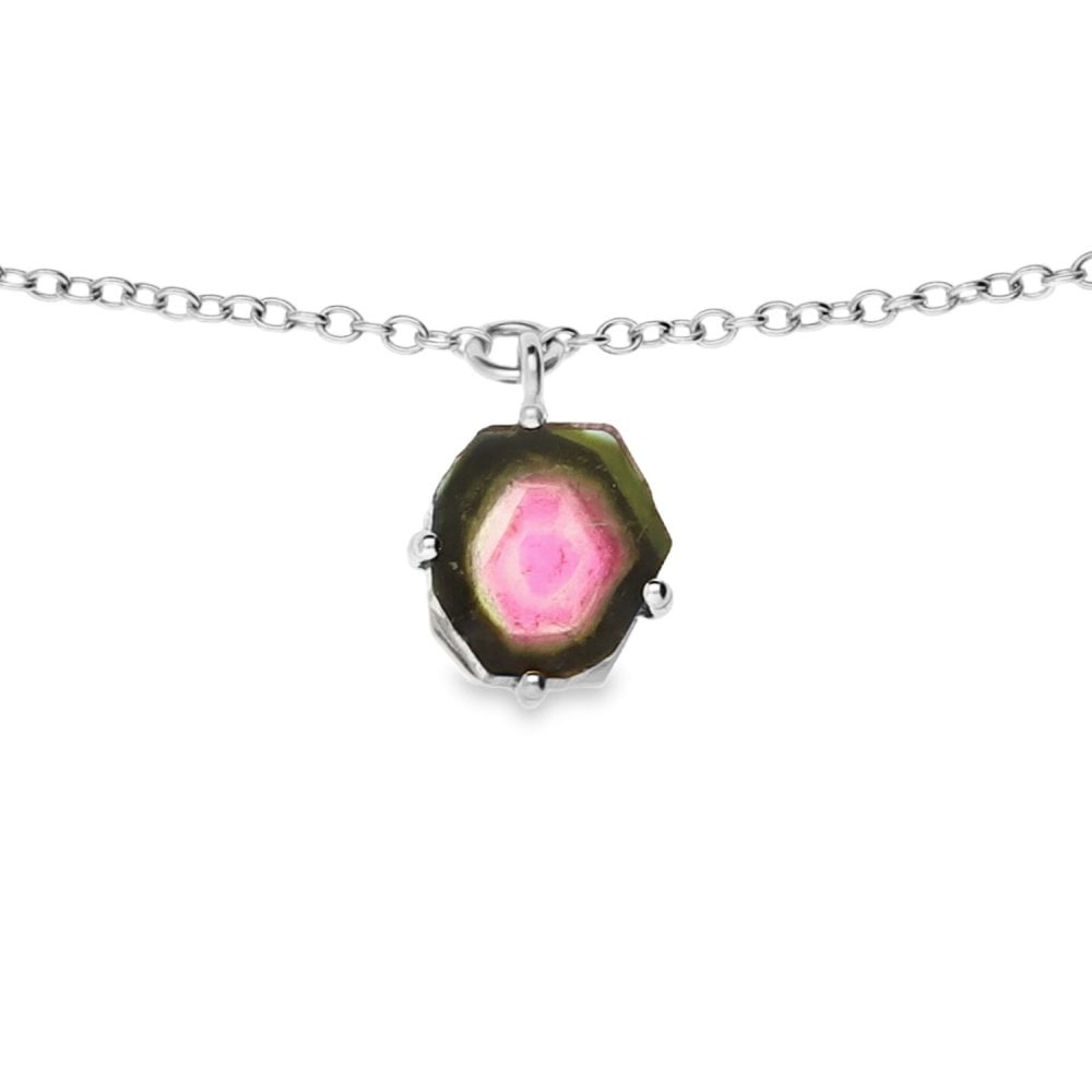 18ct White Gold Watermelon Tourmaline & Diamond Necklace - 17"