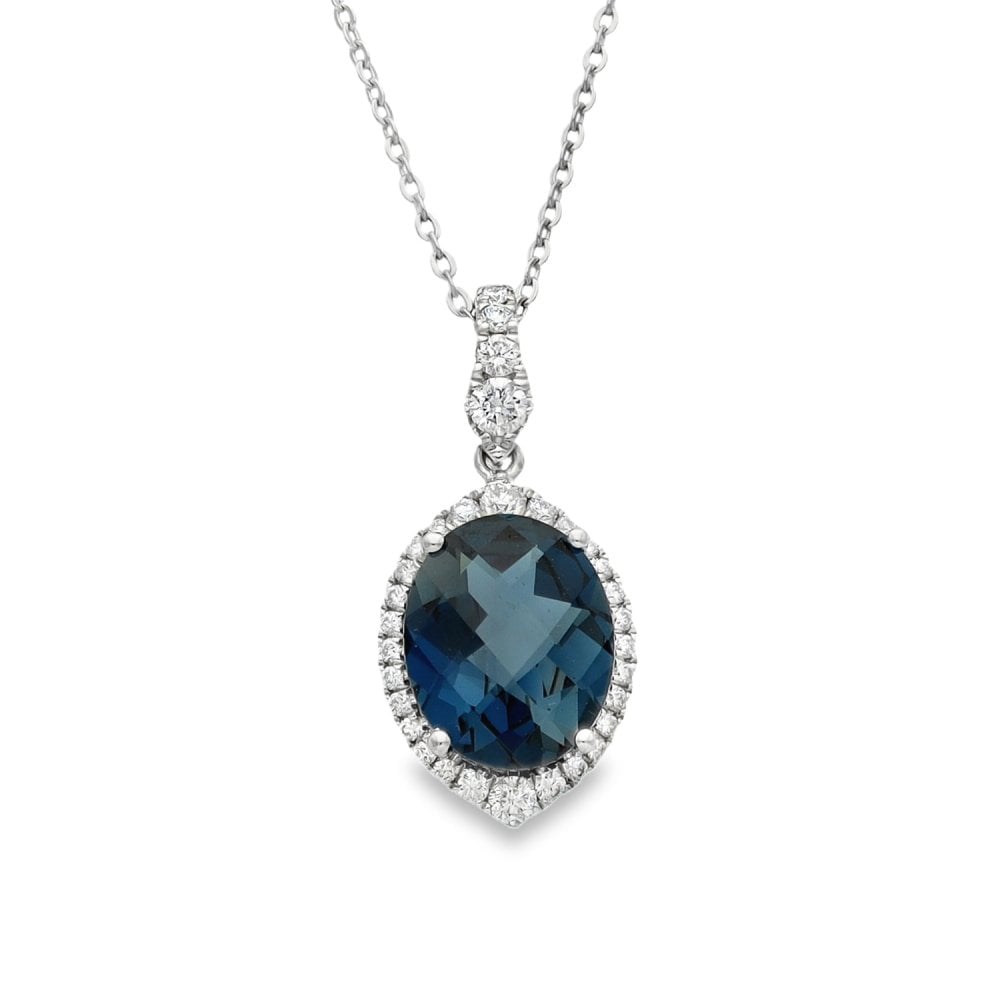 9ct White Gold London Blue Topaz & Diamond Pendant - 16/18"