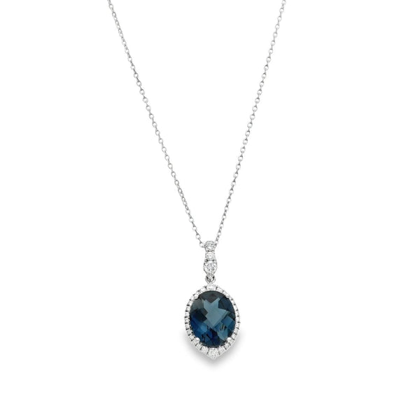 9ct White Gold London Blue Topaz & Diamond Pendant - 16/18"